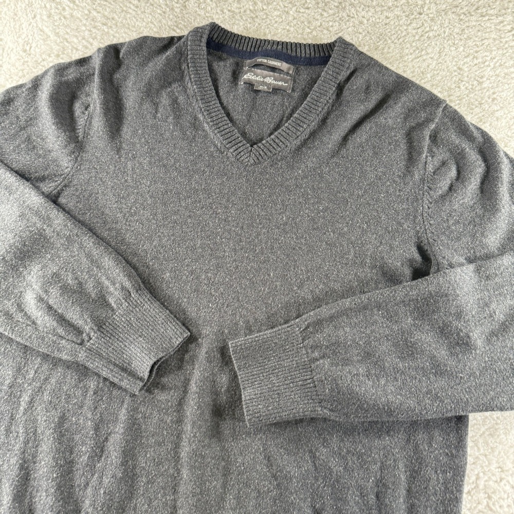 Eddie Bauer Sweater Mens Size M Dark Gray Cotton Cashmere V Neck Preppy L/S